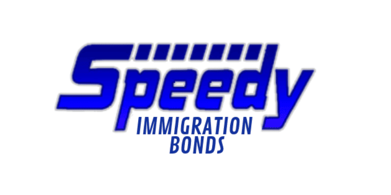 A blue and white logo of speedy immigration bonds.